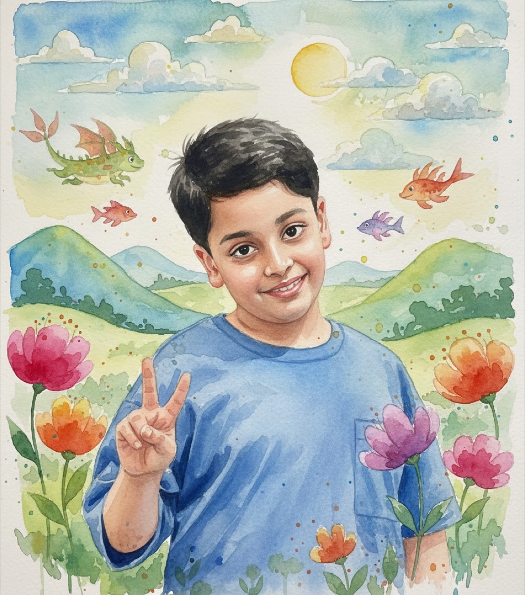 Watercolor portrait of Vivaan giving a peace sign, surrounded by flowers, hills and a friendly dragon
