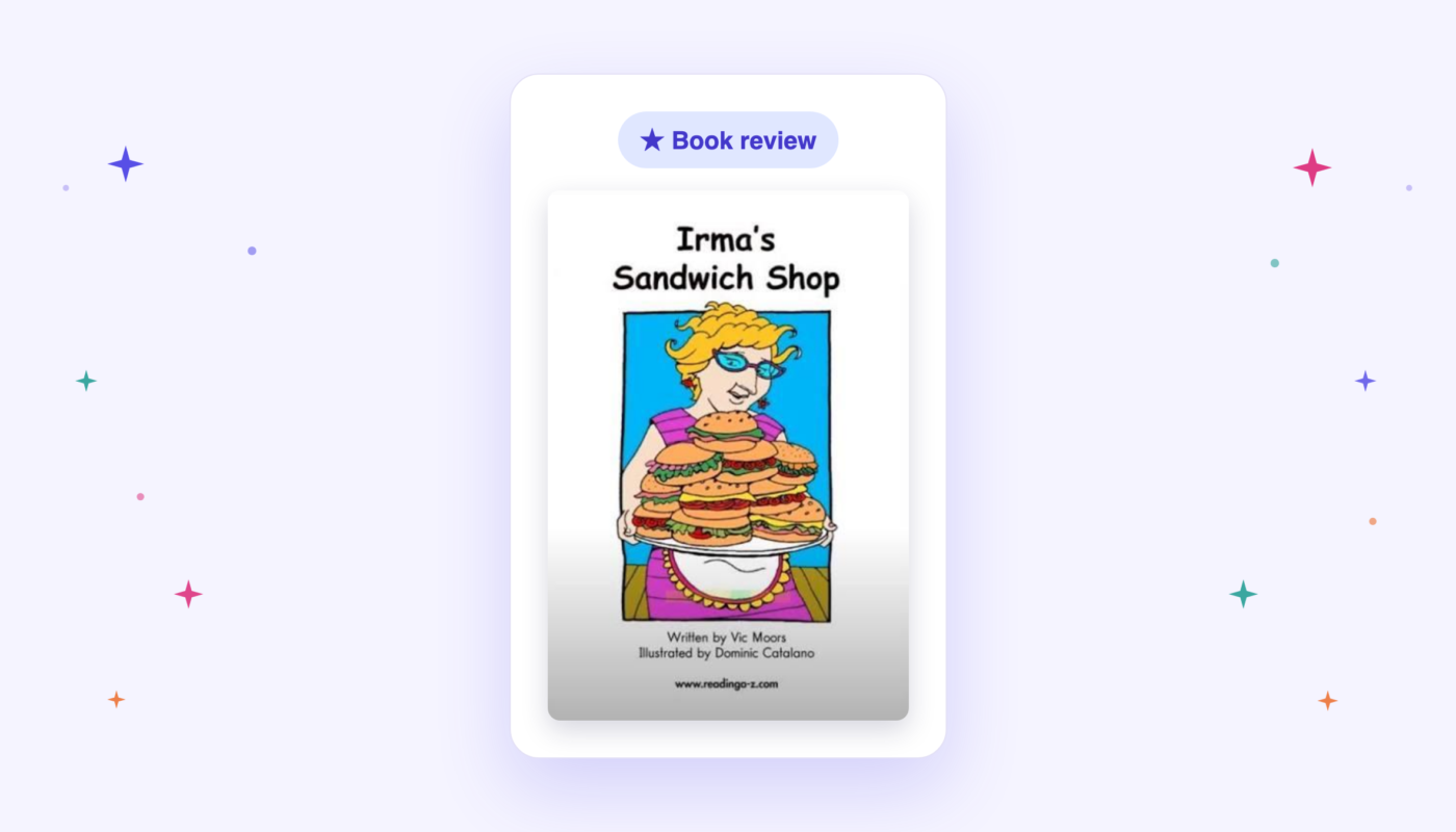 Cover of the book Irma's Sandwich Shop, showing Irma holding a big platter piled high with sandwiches.