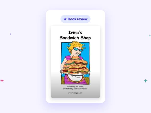 Cover of the book Irma's Sandwich Shop, showing Irma holding a big platter piled high with sandwiches.