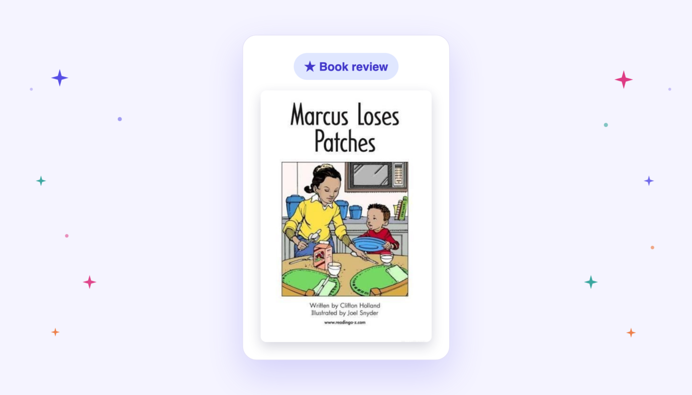 Cover of the book Marcus Loses Patches, showing Marcus and his mom in the kitchen at the dinner table.