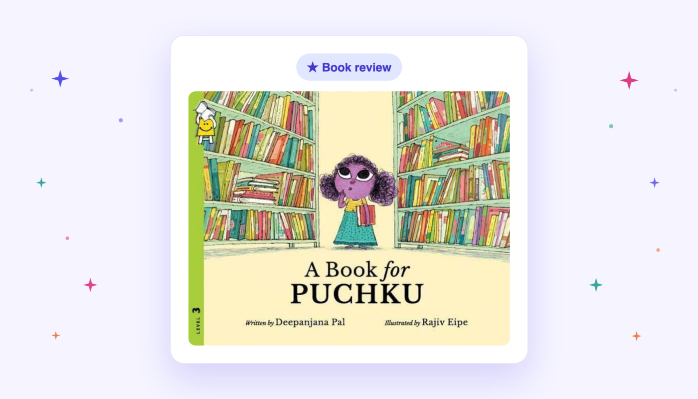Cover of the book A Book for Puchku by Deepanjana Pal, showing Puchku standing between tall library bookshelves.