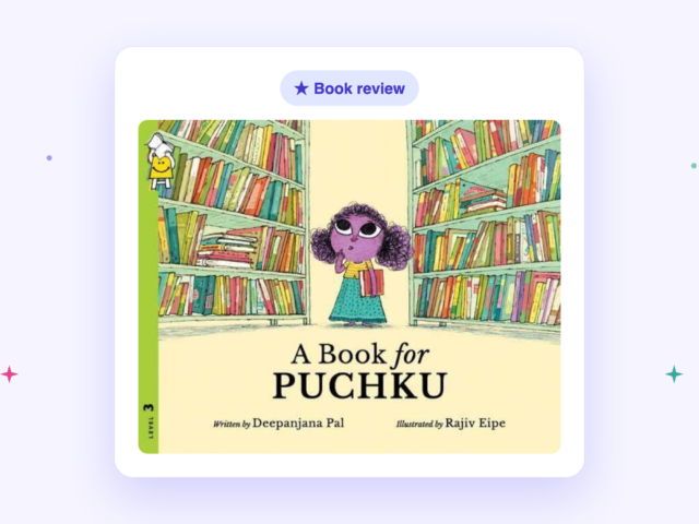 Cover of the book A Book for Puchku by Deepanjana Pal, showing Puchku standing between tall library bookshelves.